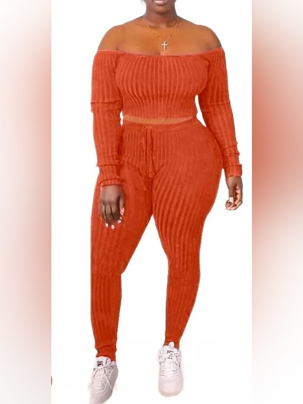 Women’s Ribbed Two-Piece Top and Pant Set - Rust